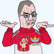 adidas animal bloodshot_eyes cheeken chicken clothes crying feather flag full_body glasses hair kurwa lgbt logo pointing poland rainbow soyjak track_suit variant:chudjak vein white_skin wojak // 900x900 // 258.5KB