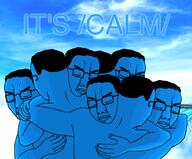 arm blue blue_skin calm calm_(soyjak_party) closed_eyes closed_mouth cloud gradient hair hand hugging lips multiple_soyjaks sky soyjak text variant:chudjak waterfall // 2445x2020 // 1.2MB