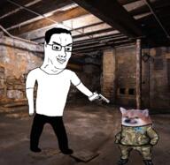 basement camouflage chin closed_mouth dog full_body glasses gun hair holding_gun holding_object holding_pistol irl_background nafo pistol smile soyjak variant:chudjak weapon // 767x746 // 605.9KB