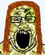 clothes gem gem_skin glasses long_hair open_mouth red_hair soyjak subvariant:hippiejak tshirt variant:markiplier_soyjak // 1016x1251 // 1.2MB