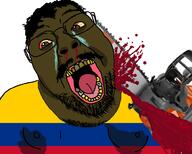 blood bloodshot_eyes brown_skin cartel chainsaw colombia country crime crying death flag glasses gore hair murder mustache open_mouth soyjak subvariant:chainsaw_bernd sweating variant:gapejak yellow_teeth // 1580x1267 // 685.0KB