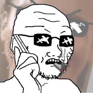 american_psycho blunt glasses holding_object holding_phone open_mouth patrick_bateman phone scared smoke soyjak stubble subvariant:soyak_(concerned) sunglasses variant:soyak // 254x255 // 50.5KB