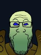 alien blue_eyes clothes glasses green_skin no_mouth protoss soyjak starcraft stubble variant:markiplier_soyjak video_game // 600x800 // 242.3KB