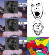 3soyjaks coal colorful crossed_arms deformed diaper foot football full_body gigachad glasses grey_skin irl nas open_mouth smile soyjak speech_bubble stubble subvariant:wholesome_soyjak variant:cobson variant:gapejak variant:nojak // 932x1052 // 831.3KB