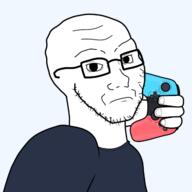 angry arm closed_mouth clothes frown game_controller glasses hand holding_game_controller holding_object looking_at_you nintendo nintendo_switch redraw soyjak stubble transparent_background variant:soyak video_game // 640x640 // 72.3KB