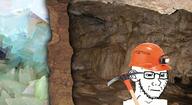 closed_mouth clothes disappointed ear gem glasses headlamp helmet irl_background looking_down mine miner mining mining_helmet pickaxe rock sad soyjak stubble variant:soyak // 1350x739 // 1.4MB