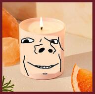 candle fire food fruit orange_(fruit) orange_skin pink_skin salt series:objakt smile soyjak variant:impish_soyak_ears // 640x637 // 333.7KB