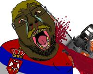 black_skin blood bloodshot_eyes brown_eyes brown_skin chainsaw crying flag flag:serbia glasses hair mustache open_mouth serbia soyjak stubble subvariant:chainsaw_bernd tongue variant:bernd yellow_hair yellow_mustache yellow_teeth // 900x722 // 529.2KB