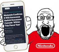 2024 clothes glasses hair holding_object holding_phone may may_7 nintendo nintendo_switch open_mouth phone red_shirt soyjak stubble subvariant:phoneplier subvariant:phoneplier_vertical teeth variant:markiplier_soyjak video_game // 1030x900 // 566.4KB