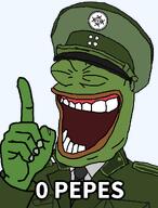 amphibian clothes collar_tabs collared_shirt epaulettes frog green_skin hand hat hat_ornament kek kekistan laughing military_hat military_uniform nas:pepe necktie pepe_the_frog pepelaugh reppey soyjak text variant:kuzjak