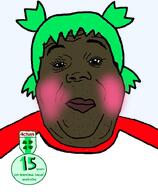 4chan 4cuck anime artist:xjanny badge black_skin blush brown_skin clothes eyelashes fat green_hair hair looking_at_viewer looking_at_you stubble subvariant:hunky_twink_sex_machine transparent_background variant:alicia yotsoyba // 592x720 // 190.4KB