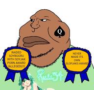 alleged_raid anime award blacked brown_skin closed_mouth clothes conspiracy_theory fat green_hair obese queen_of_spades rule34 soybooru soyjak stubble text trend:slopjak variant:meximutt // 522x500 // 111.9KB