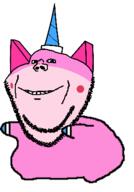 animated arm dance dancing_swede full_body horn leg pink_skin smile soyjak stubble unikitty variant:impish_soyak_ears // 400x400 // 38.7KB