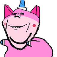 animated arm dance dancing_swede full_body horn leg pink_skin smile soyjak stubble unikitty variant:impish_soyak_ears // 400x400 // 38.7KB