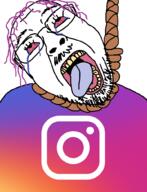 bloodshot_eyes crying dead flag glasses hair hanging instagram mustache open_mouth purple_hair rope soyjak stubble suicide tongue tranny variant:bernd yellow_teeth // 768x1000 // 152.3KB
