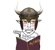 angry aryan blue_eyes blush book bronze_age_pervert closed_mouth ear hair helmet holding_book holding_object horn horned_helmet millions_must_die pen pointy_ears soyjak subvariant:chudjak_front text variant:chudjak viking yellow_hair // 700x637 // 286.9KB