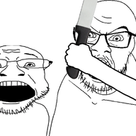 2soyjaks angry arm blood glasses gore hand machete murder mustache open_mouth soyjak stubble variant:coinjak variant:feraljak // 846x582 // 334.0KB