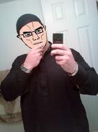 clothes glasses hair omar_mateen phone selfie soyjak subvariant:chudjak_front subvariant:muscular_chud tshirt variant:chudjak vein // 837x1125 // 786.0KB