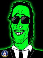 black_shirt clothes collar collared_shirt glasses glowing glownigger green_skin grin hair long_hair mullet mustache nose_piercing nose_ring raised_eyebrow smile suit sunglasses trend:glowie variant:mulletjak // 838x1120 // 98.2KB
