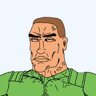 blue_eyes brown_hair buff clothes doom doom_(game) doom_guy doomguy green_shirt subvariant:perceptive_chud variant:chudjak // 799x799 // 17.6KB