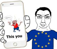 amerimutt arm chud closed_mouth european_union flag flag:european_union flag:united_states glasses hair hand holding_flag holding_object holding_phone iphone phone smile smug soyjak star_(symbol) subvariant:chudjak_front text united_states variant:chudjak // 1729x1508 // 641.1KB