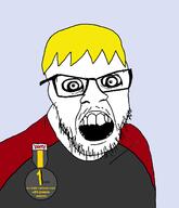 badge clothes crazed glasses hair mustache nate natejak open_mouth soot_colors soyjak soyjak_party stubble text tshirt variant:feraljak yellow_hair // 1400x1630 // 336.1KB