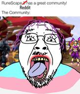 clothes community flag glasses hair meme mustache open_mouth purple_hair reddit reddit_moment runescape soyjak stubble text tongue tranny variant:bernd yellow_teeth // 1169x1379 // 147.3KB