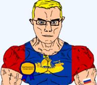 arm award blue_eyes buff christianity closed_mouth clothes eastern_orthodox europe eyes_like_the_o-o-cean flag flag:kostroma_oblast flag:russia forestry glasses hair kostroma_oblast oblast orthodox_cross russia ship soyjak subvariant:chudjak_front subvariant:muscular_chud text transparent transparent_background tshirt variant:chudjak vein yellow_hair // 1059x929 // 126.1KB