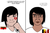 2soyjaks arm black_hair bleached brown_skin closed_mouth dark_skin eagle eyebrows female fist glasses hair hand hand_on_face light_skin lips native native_american neck nose queen_of_hearts smile subvariant:chuzjak subvariant:scott swastika two_soyjaks variant:alicia variant:chudjak variant:kuzjak white_supremacist // 2965x1985 // 540.3KB