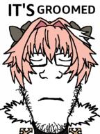anime artist:Keys astolfo cloak closed_eyes faggot gay glasses groomed groomer grooming hair_streak its_over pedophile pedophilia pink_hair ribbon sad soyjak stubble subvariant:neutralplier text variant:markiplier_soyjak // 600x800 // 77.1KB