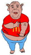 amerigolem amerimutt bald barefoot black_sclera clothes dirty_nails ear fat finger_gun looking_at_you mcdonalds obese subvariant:unbotheredalicia variant:alicia // 519x911 // 41.0KB