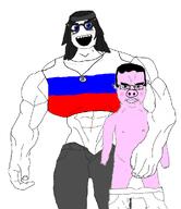 2soyjaks animal arm blue_eyes buff closed_mouth dark_hair ear femdom flag:russia glasses hand hohol leg muscular_female pants_down pig pigger russia russo_ukrainian_war special_military_operation stubble ukraine variant:chudjak variant:soytan z_(russian_symbol) // 861x996 // 215.4KB