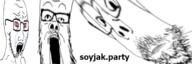 crying distorted glasses meta:banner open_mouth red_eyes soyjak soyjak_party stubble subvariant:scholar text variant:a24_slowburn_soyjak variant:gapejak variant:soyak // 600x200 // 93.3KB