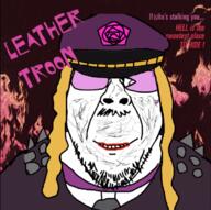 cap carpenter_brut choker clothes dirty eyelashes glasses hat leather_teeth lipstick mustache smile soyjak spike stubble variant:bernd yellow_hair // 1083x1080 // 1.7MB