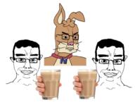3soyjaks angry animal animal_nose brown_hair buck_teeth chocolate_milk choker collar fur glasses hair hand holding_object letter looking_at_you milk necklace nesquik rabbit smile soyjak subvariant:chudjak_front variant:chudjak whisker white_background // 549x425 // 116.9KB