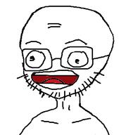 cross_eyed dumb eyebrows full_body glasses happy low_effort low_quality mouth_open poorly_drawn smile stubble teeth teeth_showing tongue variant:soypng wrinkles // 332x356 // 10.8KB