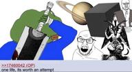 4chan apu baphomet berserk black_cube cube demon frog holding_object holding_sword klaus_schwab moloch saturn sword variant:feraljak // 750x413 // 40.7KB