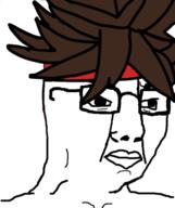 anime brown_hair closed_mouth glasses guilty_gear hair headband sol_badguy soyjak variant:chudjak // 536x640 // 114.2KB