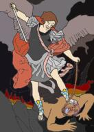 2soyjaks ack angel archangel art bloodshot_eyes brown_hair brown_skin catholic christianity classical_art_parody closed_mouth crying demon eyelashes hair hanging holding_object holding_rope holding_sword lynching michael open_mouth purple_hair religion rope saint_michael_archangel satan smile soyjak sword the_archangel_michael_defeating_satan tongue tranny ttd variant:bernd variant:chudjak weapon white_skin yellow_teeth // 770x1080 // 333.9KB