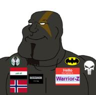 Warrior-Z(user) arabic_text aryan batman batman_(series) beard black_skin blue_eyes buff goatee god_of_war hello_my_name_is_(sticker) iraq janny kratos logo moderator no_pupils norway orange punisher series:keep_raging_on_them shahada skeleton skull smile soyjak spawn subvariant:mexiaryan tattoo variant:meximutt video_game yellow // 886x872 // 105.3KB