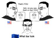 5soyjaks alternate closed_mouth clothes ear european_union flag flag:european_union flag:united_states glasses hair holding_object looking_at_each_other meme paper side_profile smile soyjak star_(symbol) subvariant:chudjak_front subvariant:pol_face text united_states variant:chudjak // 504x340 // 83.9KB