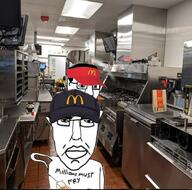 2soyjaks animal arm cap cat closed_mouth clothes fox french_fries glasses gregory hair hand hat holding_object irl_background mcdonalds millions_must_die night_in_the_woods pun soyjak subvariant:chudjak_front text uniform variant:chudjak video_game wagie // 1080x1071 // 177.1KB