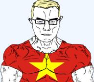 arm blue_eyes buff closed_mouth clothes glasses hair small_eyes soyjak subvariant:chudjak_front subvariant:muscular_chud tshirt variant:chudjak vietnam yellow_hair // 1059x929 // 142.3KB