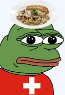 amphibian bald closed_mouth clothes country cream europe european flag flag:switzerland food frog green_skin irl lips looking_at_you meat mushroom nas nas:pepe neutral parsley pasta pepe_the_frog plate potato series:pepe_hat swiss switzerland transparent_background tshirt veal zurcher_geschnetzeltes // 1008x1479 // 499.6KB