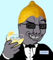 cartoon_style clothes drink grey_skin happy hat holding_bottle ice_cube lemon lemon_(user) lemonade smug tuxedo variant:chudjak // 896x1000 // 379.0KB
