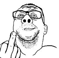 closed_mouth double_chin glasses hand looking_at_you middle_finger raised_eyebrow smile smug soyjak stubble variant:reaction_soyjak white_background // 556x544 // 27.5KB