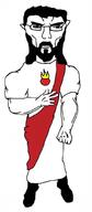 arm beard christianity chud closed_mouth clothes full_body glasses hair hand jesus jesus_christ muscles muscular_male soyjak subvariant:unbotheredchud variant:chudjak // 447x1024 // 106.2KB