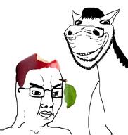 2soyjaks angry animal apple chewing closed_mouth ear eating food foodjak fruit glasses horse smile soyjak stubble subvariant:impish_horse variant:chudjak variant:impish_soyak_ears // 837x881 // 164.0KB