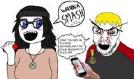 badge blood crazed holding_object nintendo nintendo_switch phone soyduel subvariant:impish_amerimutt super_smash_bros variant:chudjak variant:feraljak variant:soytan video_game // 1424x847 // 234.3KB