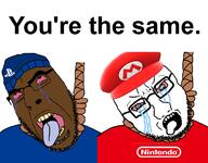 v_4chan beanie black_skin blue_shirt clothes console console_wars game gamer gaming hanging hat lynching mario mario_hat neck nintendo nintendo_switch playstation playstation_4 playstation_5 purple_tongue red_shirt rope snoy sony suicide tear tongue variant:cobson variant:soyak video_game yellow_teeth you're_the_same // 1535x1200 // 170.4KB
